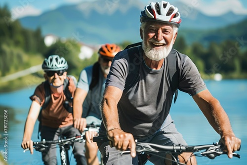 Group of senior cyclists on a trail ride with mountain scenery.