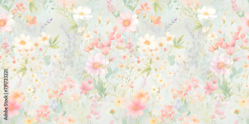 Colorful vintage pastel flowers seamless pattern. Delicate painting style.