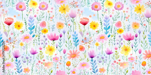 Colorful cheerful flowers meadow seamless pattern. Vibrant colors painting style.