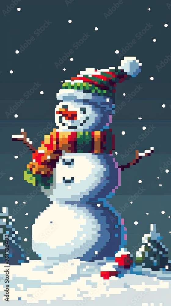 Naklejka premium A pixel art snowman with a colorful scarf and Santa hat enjoys a peaceful snowfall on a serene winter night.