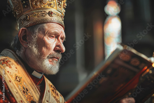 A man in a crown reading a book