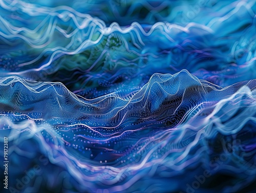 Abstract digital art portraying a sea of undulating blue waves with a topographic texture, reminiscent of a digital ocean landscape.