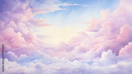 Watercolor Sunset Sky Clouds Pattern Background. Amazing Sky Scene Pastel Colored Gently Soft Atmosphere. Mesmerizing Natural Background Template Painting Art.