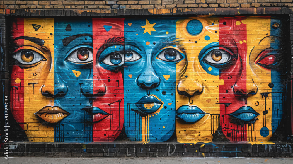 Fototapeta premium Street graffiti with abstract faces and drips of paint, grunge.