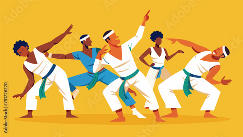A group of capoeira practitioners perform a dazzling display of ginga swaying movement as they move in and out of a roda each one expressing photo