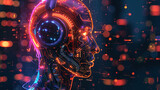 A digital artwork of an AI humanoid head with headphones, illuminated holographic 