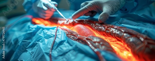 Surgical Intervention, Depict a surgeon removing fat deposits from an artery photo