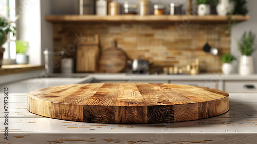 Empty beautiful round wood tabletop counter on interior in clean and bright kitchen background, Ready for display, Banner, for product montage, hyperrealistic food photography