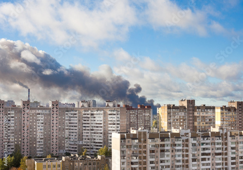 Smoke after russian missile strike.  War in Ukraine.