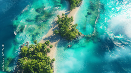 A breathtaking aerial view of a tropical island paradise, with palm-fringed beaches, turquoise waters, and coral reefs visible under the surface