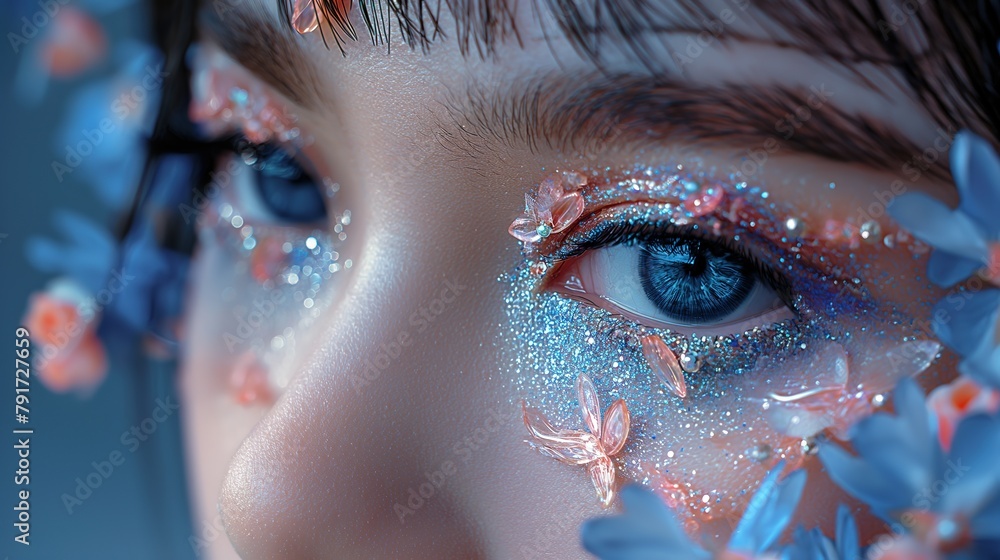 beautiful eyes make up, woman wearing flowers with glitter glow eyeshadows, Generative Ai