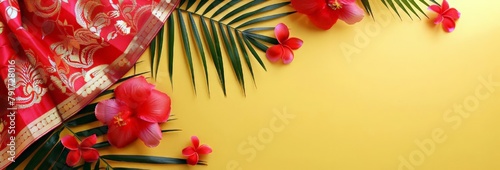 A greeting card for an Indian holiday. Bright tropical flowers and traditional patterned Indian fabric on an orange background.Ramadan, Ugadi, Eid al-Fitr or Eid al-Adha. Diwali, Pongal, Gudi Padwa.  photo