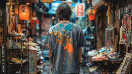 Man wearing a gray oversized T-shirt with blue and orange paint splotches. © puhimec