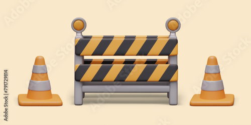 Set for fencing construction and repair site. Portable barrier, signal cones