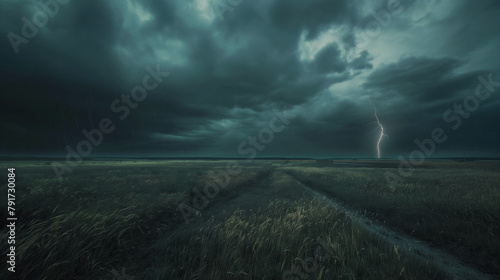 A dramatic stormy sky over a vast open field, with lightning illuminating the dark clouds and rain falling in the distance. 