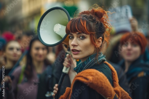 A woman with fiery red hair holds a black megaphone, poised to address a crowd with determination and authority