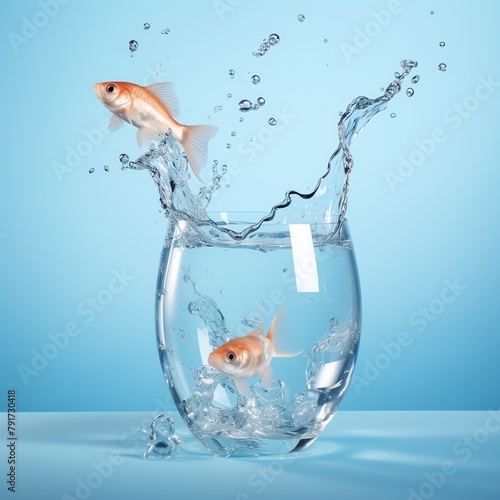 a goldfish jumping out of a glass of water © VSTOCK