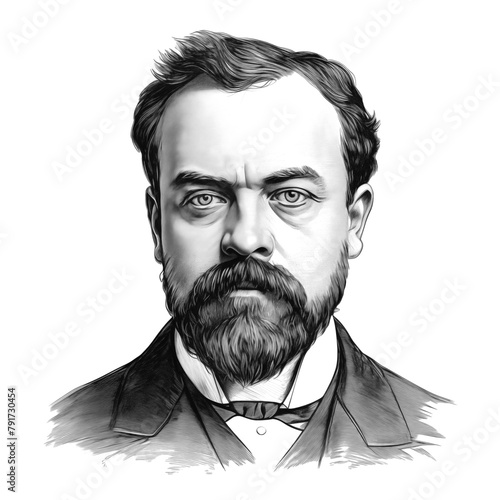 Black and white vintage engraving, close-up headshot portrait of Antonín Leopold Dvořák, the famous historical Czech classical music composer, white background, greyscale photo