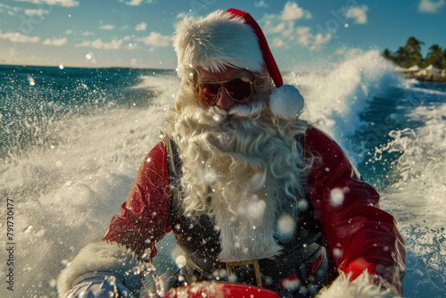 A man dressed as Santa Claus navigates the ocean waves on a boat, with his white beard blowing in the wind © Ilia Nesolenyi