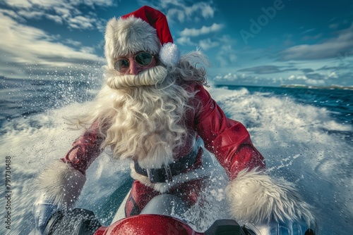 A man dressed as Santa Claus joyfully rides a jet ski, his white beard blown by the wind © Ilia Nesolenyi