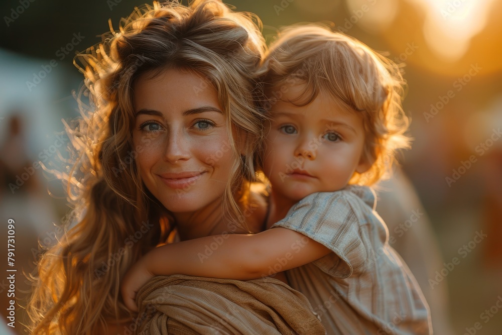 Mother lovingly holds her son close in a tender outdoor portrait at sunset Mother lovingly holds her son close in a tender outdoor portrait at sunset