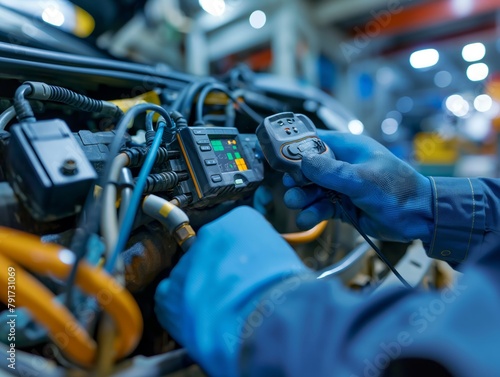 A mechanic is working on a car engine, using a diagnostic tool to check for any issues. Concept of focus and determination as the mechanic works to identify and fix any problems with the vehicle
