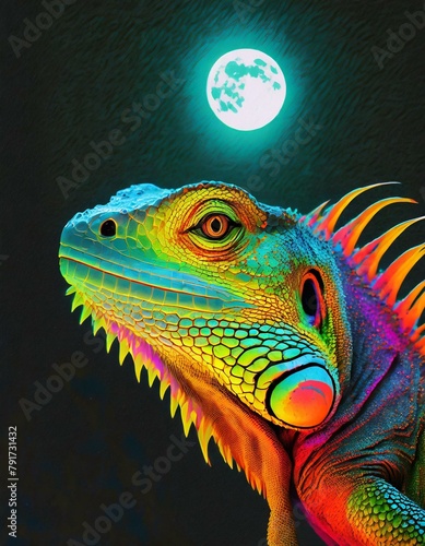 An iguana s eyes glowing under the light of a full moon  set against a dark  mysterious background