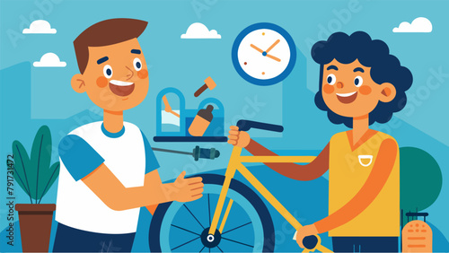 A smiling volunteer at a repair café busy at work repairing a bicycle and teaching the owner how to do it themselves next time.