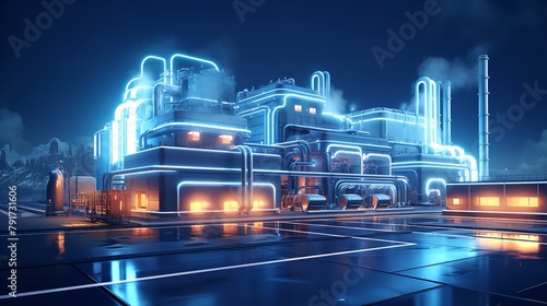 Futuristic Industrial Factory at Night Scene: 8K Photorealistic Image