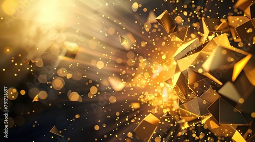 Abstract geometric background. Explosion Power Design with crushing surface, 3D triangles and golden light photo