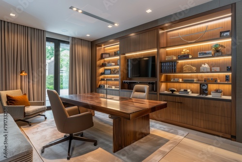 A room with a desk, chairs, shelves, and a television, showcasing a seamless integration of a home office into a modern living space