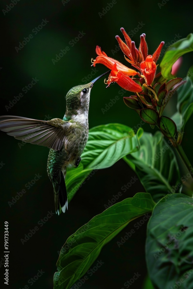Fototapeta premium Beautiful hummingbird sipping nectar from flower with lush green foliage background