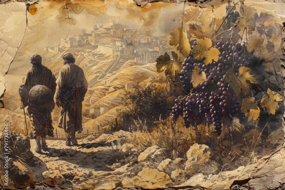 Joshua and Caleb Returning with Grapes from Canaan on Old Paper