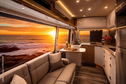 Wide photo of a lavish motorhome interior featuring a stylish lounge and sleeping area with floor-to-ceiling windows offering a dramatic sunset over the ocean, creating a serene and luxurious travel e photo