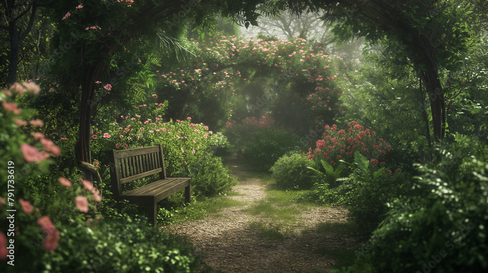 A peaceful garden scene with blooming flowers, a winding path, and a quaint wooden bench under a canopy of lush greenery. A peaceful garden scene with blooming flowers, a winding path, and a quaint wooden bench under a canopy of lush greenery.