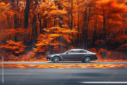 A car driving down a road surrounded by autumn trees in a forested area © Ilia Nesolenyi