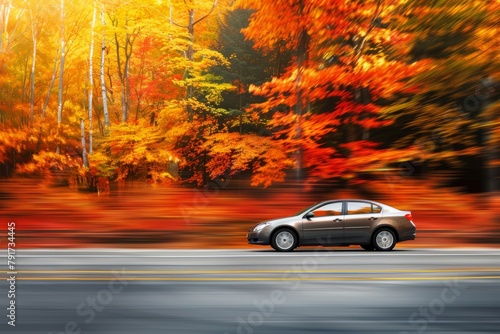 A car drives down a road in front of a lush forest  surrounded by autumn-colored trees
