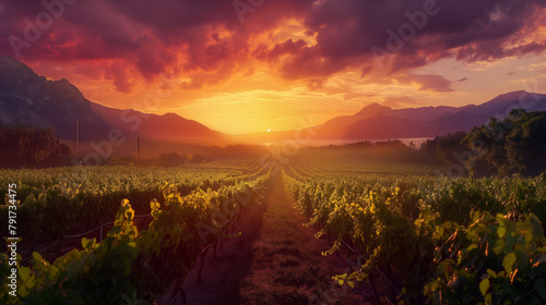  A picturesque vineyard at sunset, with rows of grapevines bathed in golden light and distant mountains silhouetted against the colorful sky.