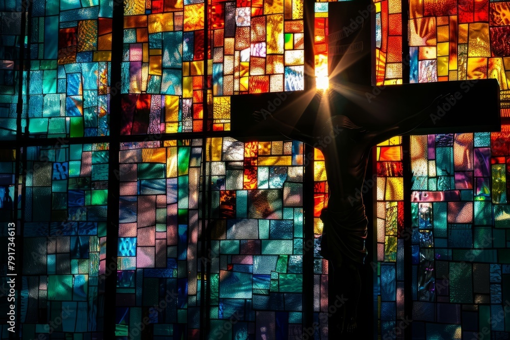 Silhouette of a Holy Cross against a colorful stained glass window