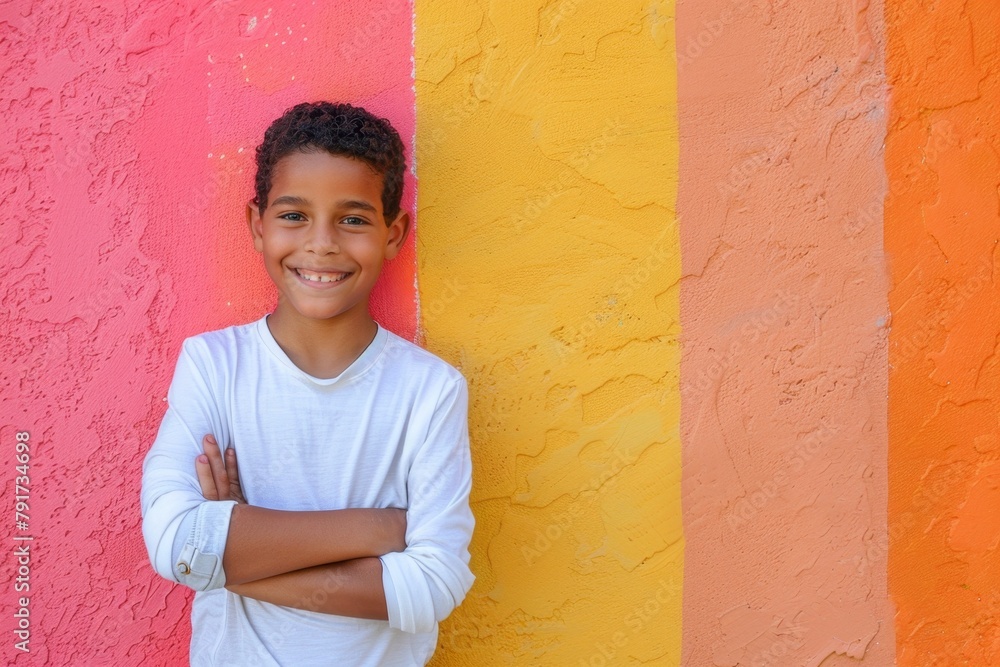 Young boy smiling, standing in front of colorful wall, copy space Concept: childhood joy, vibrant background, cheerful youth, colorful portrait multinational Young boy smiling, standing in front of colorful wall, copy space Concept: childhood joy, vibrant background, cheerful youth, colorful portrait multinational