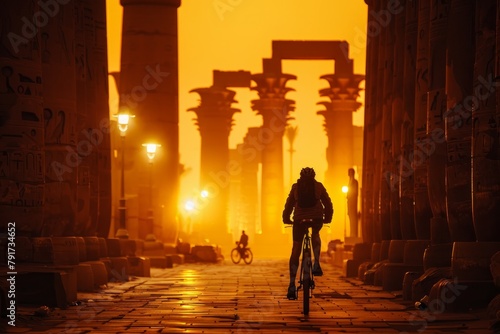 A man riding a bike down a street lined with tall buildings and illuminated street lamps
