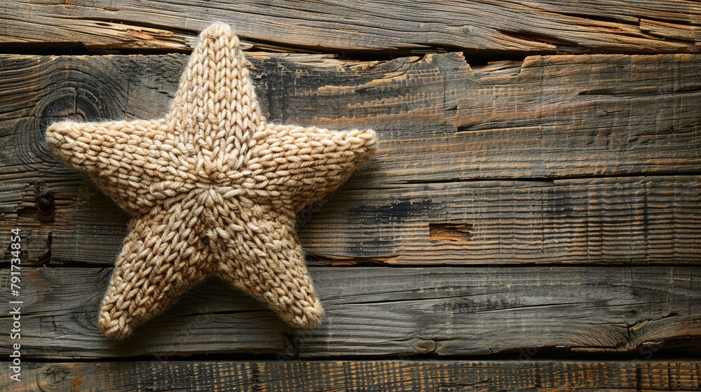 Beige Knitted Star on Distressed Wooden Background Texture Beige Knitted Star on Distressed Wooden Background Texture