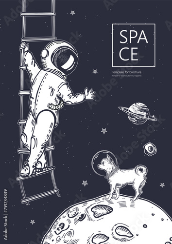 Space background. An astronaut descends a rope ladder. Dog and astronaut in space.