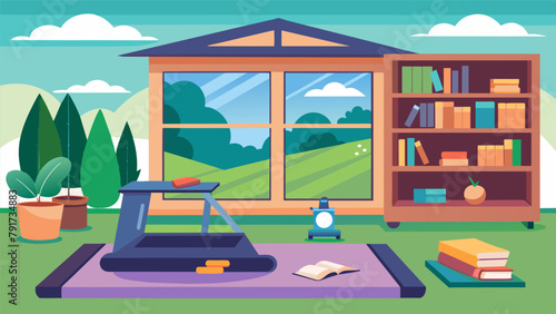 A sunroom dojo overlooking the backyard equipped with a treadmill yoga props and shelves of books for selfimprovement and mental clarity.