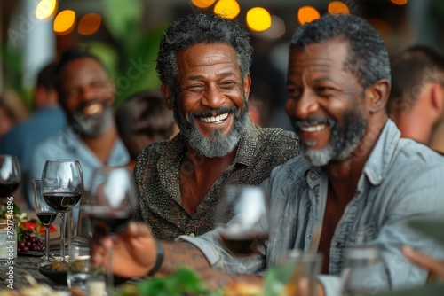 Two senior African men enjoying a hearty laugh with wine at a dinner table photo