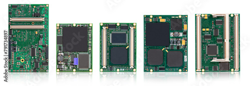 Collection of different types of embedded CPU modules with integrated chips and connectors, isolated on a white reflective background.