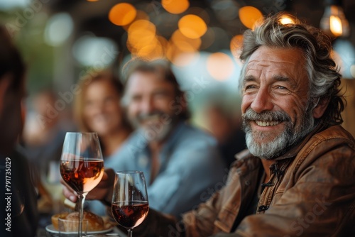 Mature bearded man smiling with a glass of wine in a friendly gathering © Larisa AI