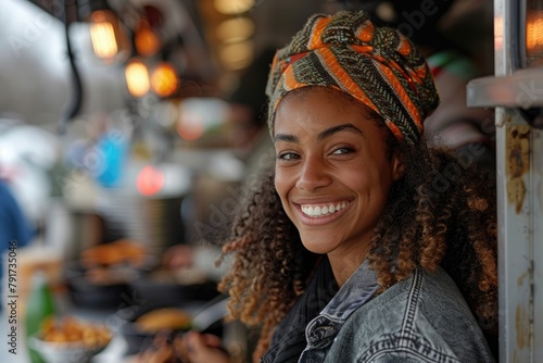 A young woman wearing a colorful head wrap is smiling in front of a food truck.