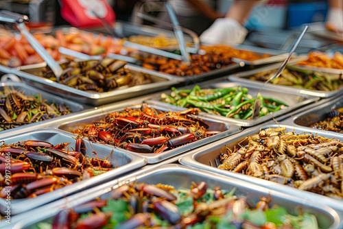 Edible insects in trays at vibrant food market bug based delicacies