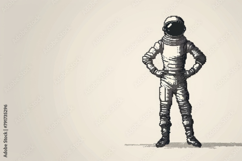 Wide illustration of an astronaut in a detailed space suit, rendered in a high-contrast black and white graphic style, capturing the essence of space exploration and adventure

Space, astronaut, explo